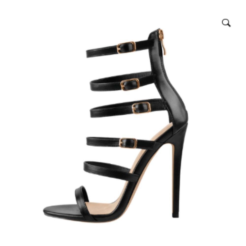BLACK GLADIATOR OPEN TOE ZIP HIGH HEEL STILETTO SANDAL